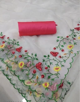 MYRA White Embroidered Organza Sarees With Banarsi Silk Fabric Blouse